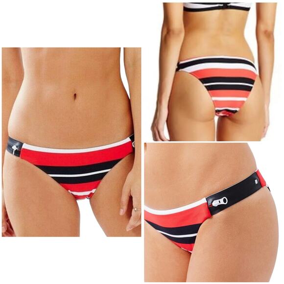 SEAFOLLY Australia Walk The Line striped zipper bikini bottom chili red Sz 6 NEW - Picture 6 of 6